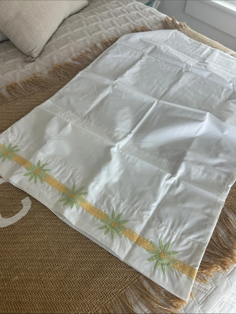 Pottery Barn Kids Standard pillowcase-Yellow Scallop & Green Floral Embroid